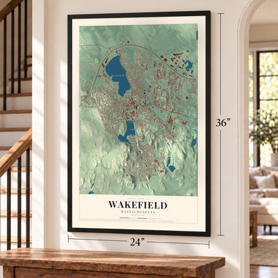 Wakefield, Massachusetts map, 24 x 36 inch print in a black frame by a staircase