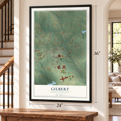 Gilbert, South Carolina map, 24 x 36 inch print in a black frame by a staircase