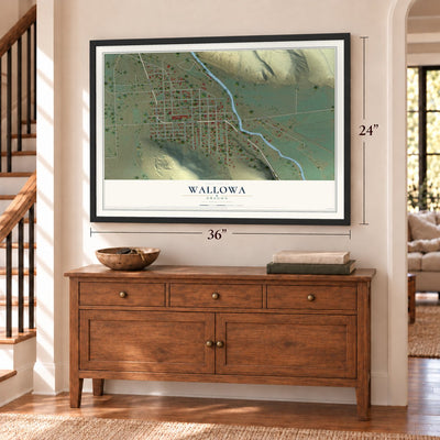 Wallowa, Oregon map, 24 x 36 inch print in a black frame above a dresser by a staircase