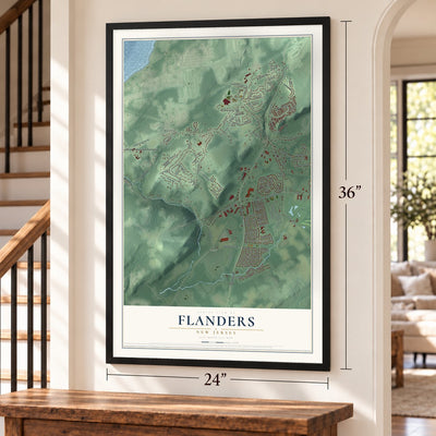 Flanders, New Jersey map, 24 x 36 inch print in a black frame by a staircase