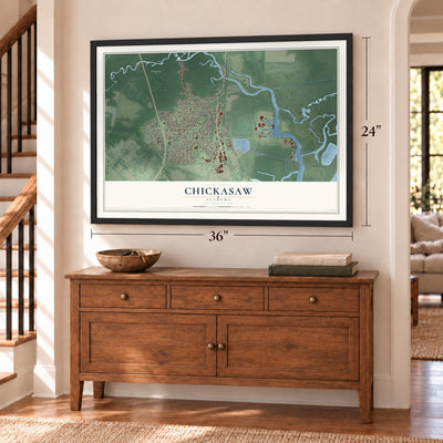 Chickasaw, Alabama map, 24 x 36 inch print in a black frame above a dresser by a staircase