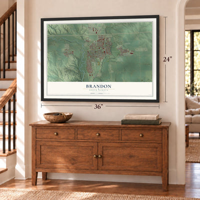 Brandon, South Dakota map, 24 x 36 inch print in a black frame above a dresser by a staircase