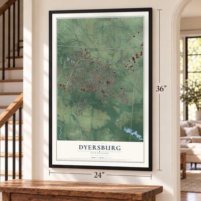 Dyersburg, Tennessee map, 24 x 36 inch print in a black frame by a staircase