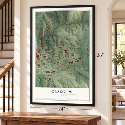 Glasgow, Missouri map, 24 x 36 inch print in a black frame by a staircase