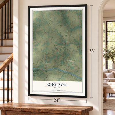 Gholson, Texas map, 24 x 36 inch print in a black frame by a staircase