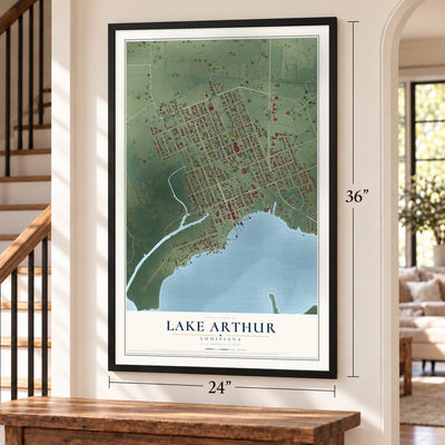 Lake Arthur, Louisiana map, 24 x 36 inch print in a black frame by a staircase
