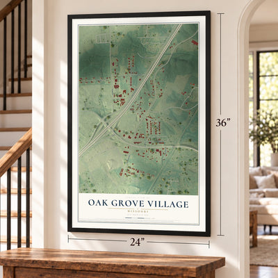 Oak Grove Village, Missouri map, 24 x 36 inch print in a black frame by a staircase