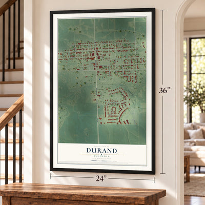 Durand, Illinois map, 24 x 36 inch print in a black frame by a staircase