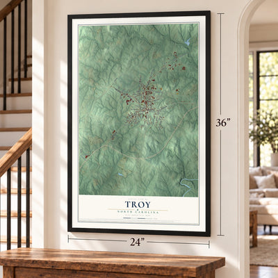 Troy, North Carolina map, 24 x 36 inch print in a black frame by a staircase