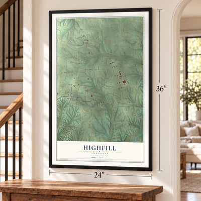 Highfill, Arkansas map, 24 x 36 inch print in a black frame by a staircase