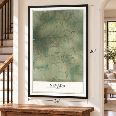 Nevada, Texas map, 24 x 36 inch print in a black frame by a staircase