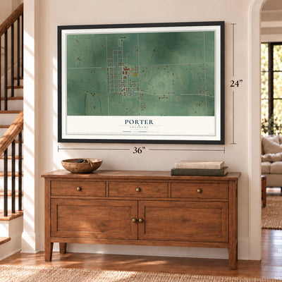 Porter, Oklahoma map, 24 x 36 inch print in a black frame above a dresser by a staircase