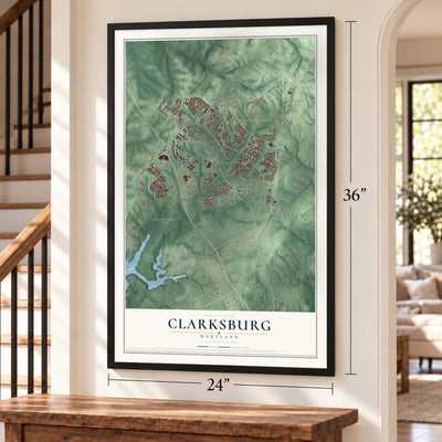 Clarksburg, Maryland map, 24 x 36 inch print in a black frame by a staircase