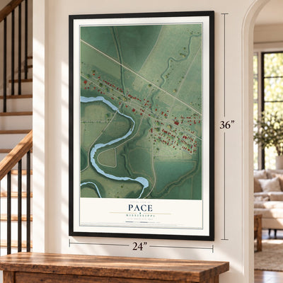 Pace, Mississippi map, 24 x 36 inch print in a black frame by a staircase