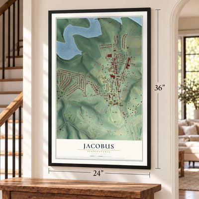 Jacobus, Pennsylvania map, 24 x 36 inch print in a black frame by a staircase