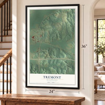 Tremont, Mississippi map, 24 x 36 inch print in a black frame by a staircase