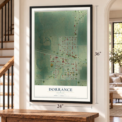 Dorrance, Kansas map, 24 x 36 inch print in a black frame by a staircase