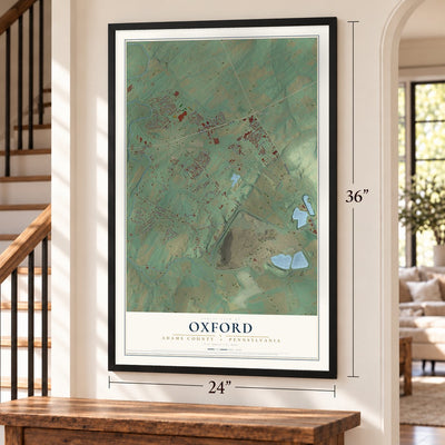 Oxford, Adams County, Pennsylvania map, 24 x 36 inch print in a black frame by a staircase