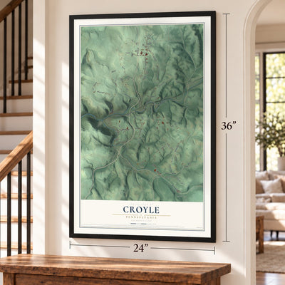 Croyle, Pennsylvania map, 24 x 36 inch print in a black frame by a staircase