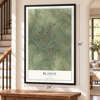 Blanco, Texas map, 24 x 36 inch print in a black frame by a staircase