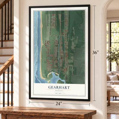 Gearhart, Oregon map, 24 x 36 inch print in a black frame by a staircase