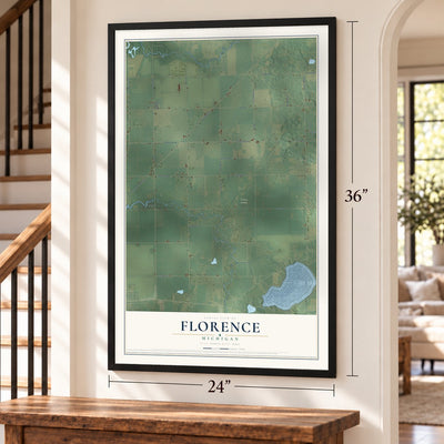 Florence, Michigan map, 24 x 36 inch print in a black frame by a staircase