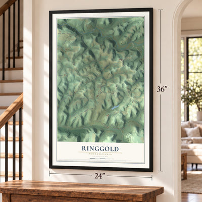 Ringgold, Pennsylvania map, 24 x 36 inch print in a black frame by a staircase
