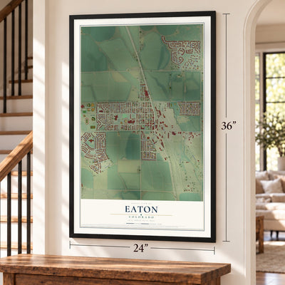 Eaton, Colorado map, 24 x 36 inch print in a black frame by a staircase