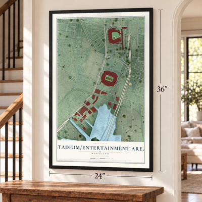 Stadium-Entertainment Area, Maryland map, 24 x 36 inch print in a black frame by a staircase