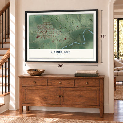 Cambridge, Nebraska map, 24 x 36 inch print in a black frame above a dresser by a staircase