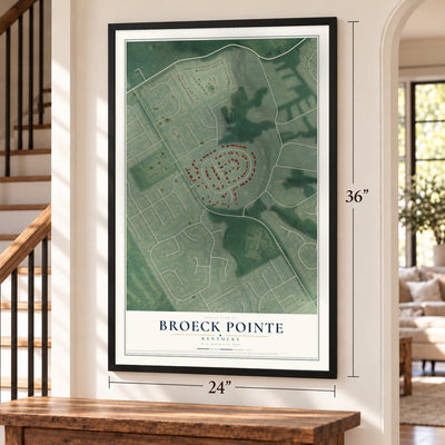 Broeck Pointe, Kentucky map, 24 x 36 inch print in a black frame by a staircase