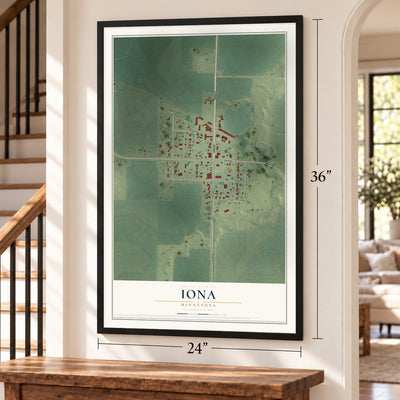 Iona, Minnesota map, 24 x 36 inch print in a black frame by a staircase