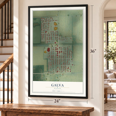 Galva, Kansas map, 24 x 36 inch print in a black frame by a staircase