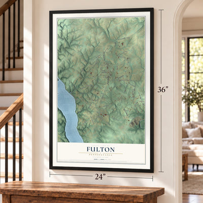 Fulton, Pennsylvania map, 24 x 36 inch print in a black frame by a staircase