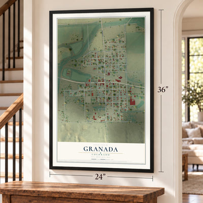 Granada, Colorado map, 24 x 36 inch print in a black frame by a staircase