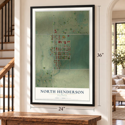 North Henderson, Illinois map, 24 x 36 inch print in a black frame by a staircase