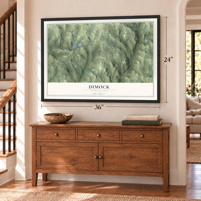 Dimock, Pennsylvania map, 24 x 36 inch print in a black frame above a dresser by a staircase