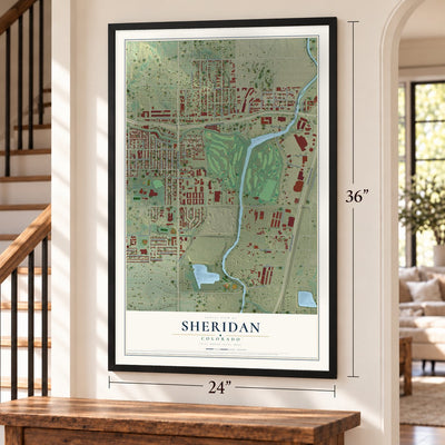 Sheridan, Colorado map, 24 x 36 inch print in a black frame by a staircase