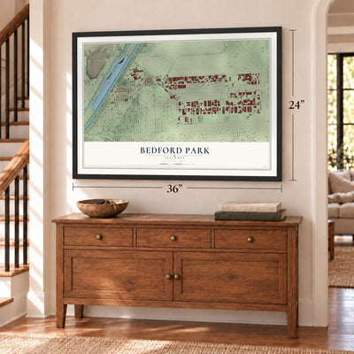 Bedford Park, Illinois map, 24 x 36 inch print in a black frame above a dresser by a staircase