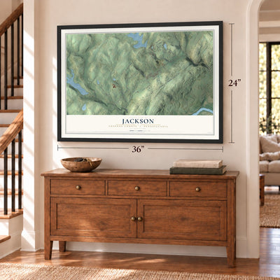 Jackson, Luzerne County, Pennsylvania map, 24 x 36 inch print in a black frame above a dresser by a staircase