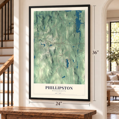Phillipston, Massachusetts map, 24 x 36 inch print in a black frame by a staircase