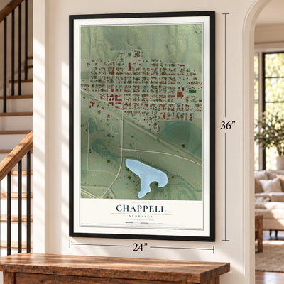 Chappell, Nebraska map, 24 x 36 inch print in a black frame by a staircase