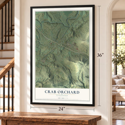Crab Orchard, Tennessee map, 24 x 36 inch print in a black frame by a staircase