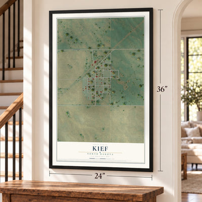 Kief, North Dakota map, 24 x 36 inch print in a black frame by a staircase