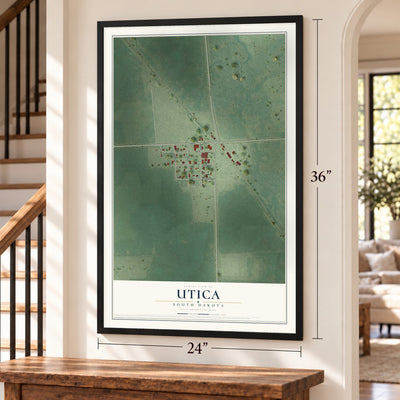 Utica, South Dakota map, 24 x 36 inch print in a black frame by a staircase