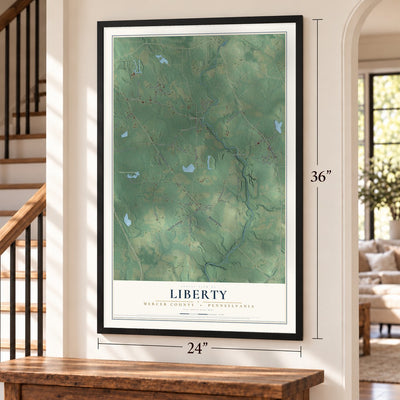 Liberty, Mercer County, Pennsylvania map, 24 x 36 inch print in a black frame by a staircase