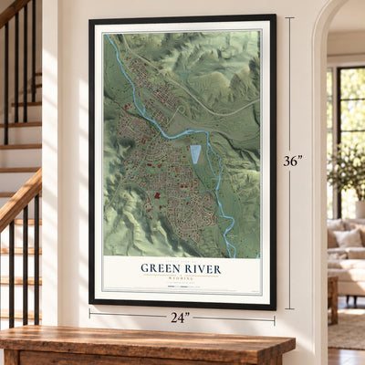 Green River, Wyoming map, 24 x 36 inch print in a black frame by a staircase