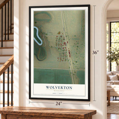 Wolverton, Minnesota map, 24 x 36 inch print in a black frame by a staircase