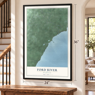 Ford River, Michigan map, 24 x 36 inch print in a black frame by a staircase