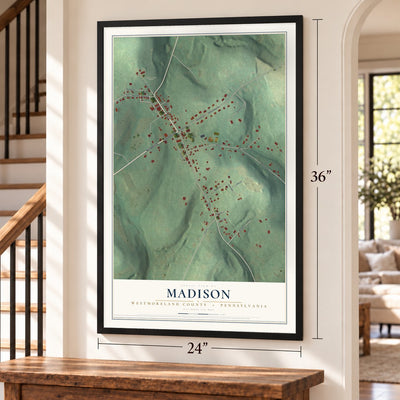 Madison, Westmoreland County, Pennsylvania map, 24 x 36 inch print in a black frame by a staircase